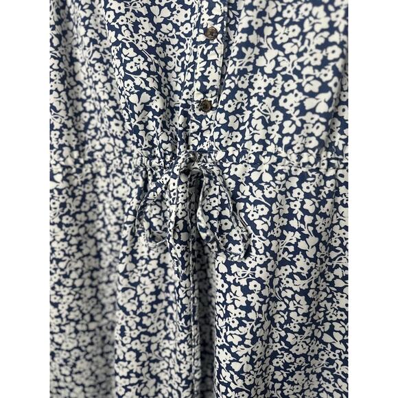 Lands End Dress 1X Blue White Floral Tie Cinched Waist Coastal Preppy Button - Picture 3 of 10